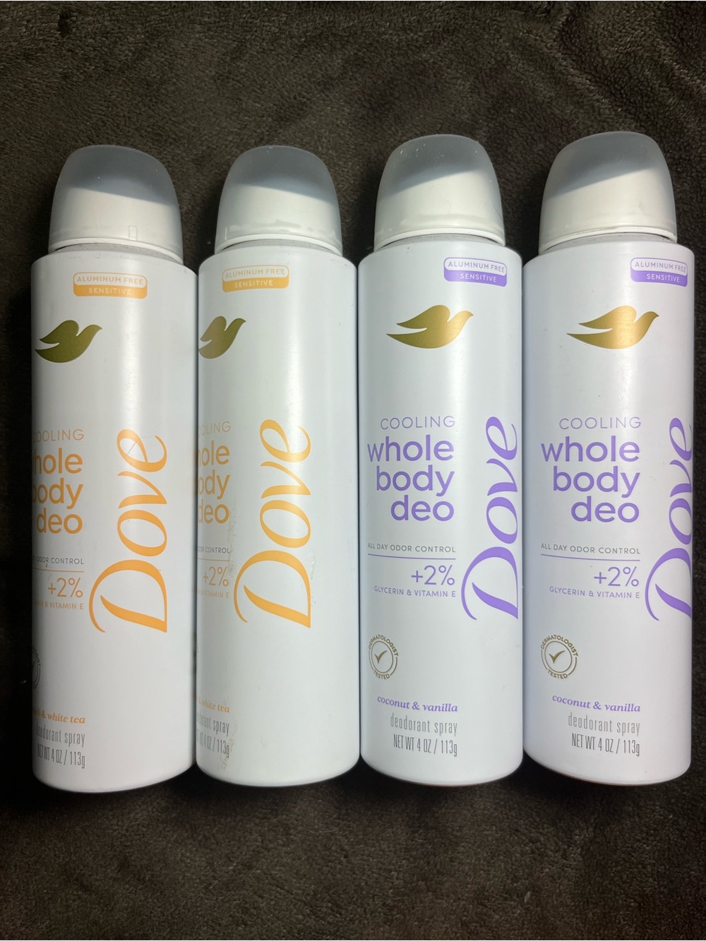 4 Dove Whole Body Deodorant Sprays, Peach & White tea, Coconut & Vanilla NEW